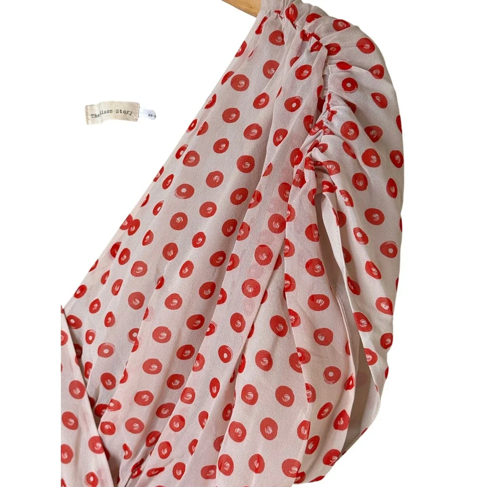 The Addison Story Anthropologie 100% Silk Red Dot Mini Dress XS Ruched Sleeve